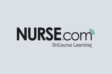 NURSE.com OnCourse Learning logo on a light gray background with a wireless signal graphic above the letter "E".