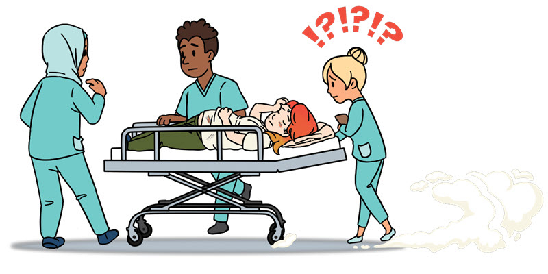 Three medical staff rush a patient on a hospital gurney, while one staff member appears alarmed with exclamation marks above her head.