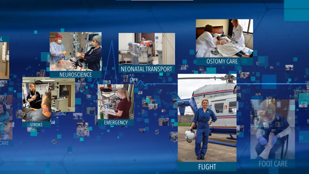 Collage of healthcare scenes including neuroscience, neonatal transport, ostomy care, stroke, emergency, flight nurse by a helicopter, and foot care, on a blue digital background.