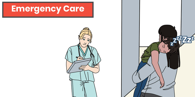 A healthcare worker writes on a clipboard under a sign labeled "Emergency Care" as an adult carries a sleeping child.