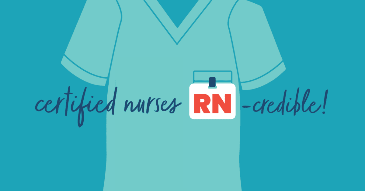 Illustration of medical scrubs with a badge labeled "RN" and text that reads "certified nurses RN-credible!" on a blue background.