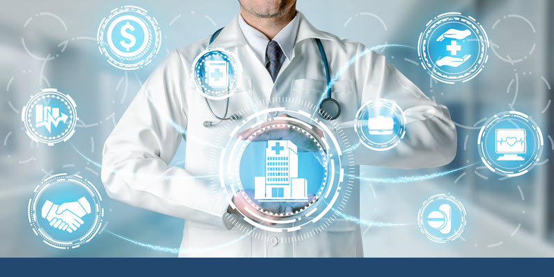 A doctor in a white coat stands behind digital healthcare icons representing medical services, hospital, insurance, handshake, and financial symbols.