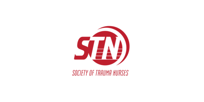 Red STN logo with bold letters and circular swoosh, above the text "Society of Trauma Nurses" on a white background.