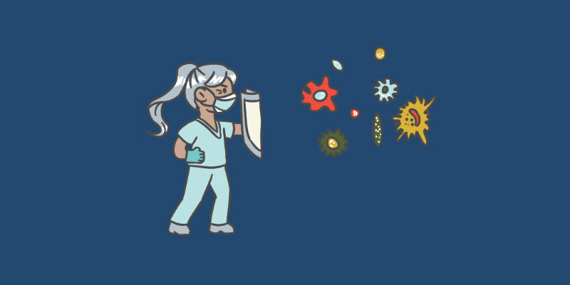 Illustration of a healthcare worker in scrubs and a mask holding a shield, blocking colorful virus and bacteria icons.