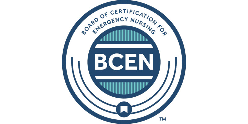 Circular logo for the Board of Certification for Emergency Nursing (BCEN) with stylized lines, text, and a central teal and navy design.