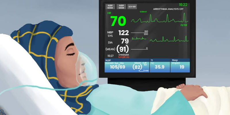 A woman wearing a headscarf lies in a hospital bed with an oxygen mask, next to a monitor displaying her vital signs and heart rate.