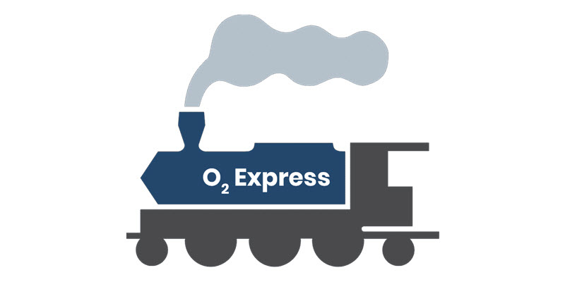 Graphic of a train engine with smoke, labeled “O₂ Express” on the side.