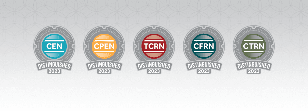 Five circular badges labeled “Distinguished 2023” with acronyms: CEN, CPEN, TCRN, CFRN, and CTRN, each in different colors, on a light patterned background.