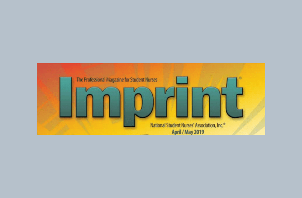 Banner of "Imprint," the professional magazine for student nurses, April/May 2019 issue, with a yellow and orange gradient background.