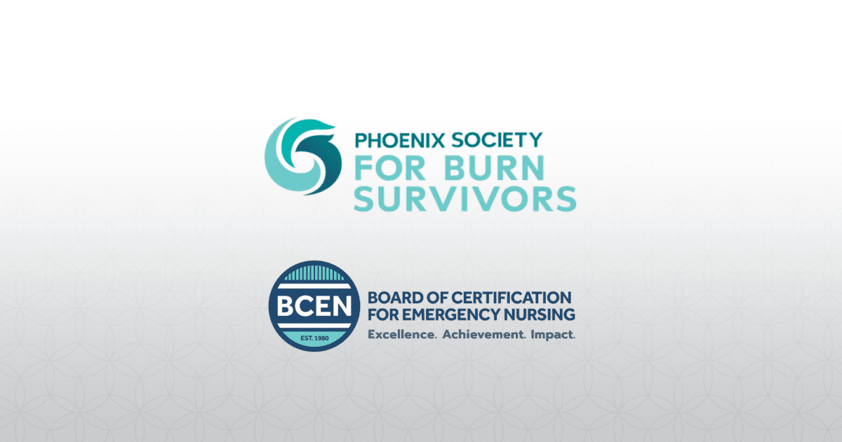 Logos of the Phoenix Society for Burn Survivors and the Board of Certification for Emergency Nursing displayed on a white background.