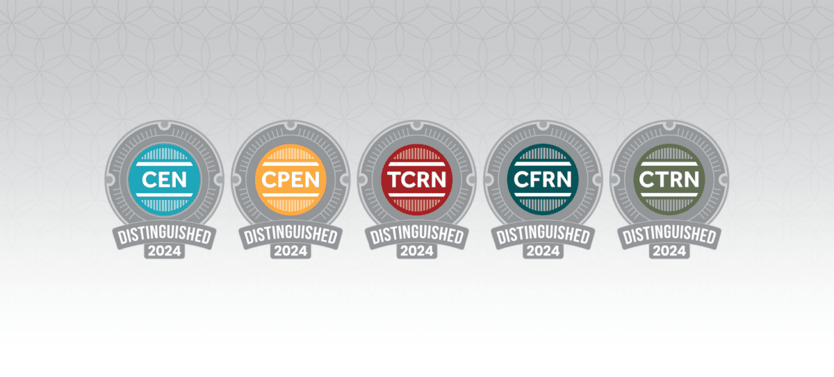 Five distinguished 2024 badges for CEN, CPEN, TCRN, CFRN, and CTRN certifications, each with a unique color, displayed on a patterned gray background.