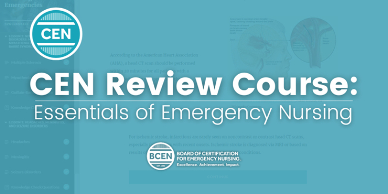 CEN Review Course: Essentials of Emergency Nursing promotional image with BCEN logo and text, set against a medical-themed blue background.