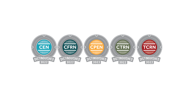 Five circular badges labeled CEN, CFRN, CPEN, CTRN, and TCRN, each stating "Distinguished 2022" in different colors on a white background.