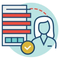 Illustration of a person beside a building, with a checkmark inside a yellow circle in the foreground, suggesting approval or verification.