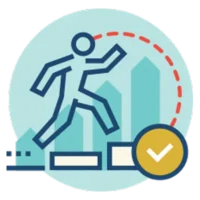 Illustration of a person jumping over obstacles with a checkmark in the foreground and bar graph shapes in the background.