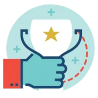 A blue hand holding a white trophy with a yellow star in the center, set against a light blue circular background with plus signs.