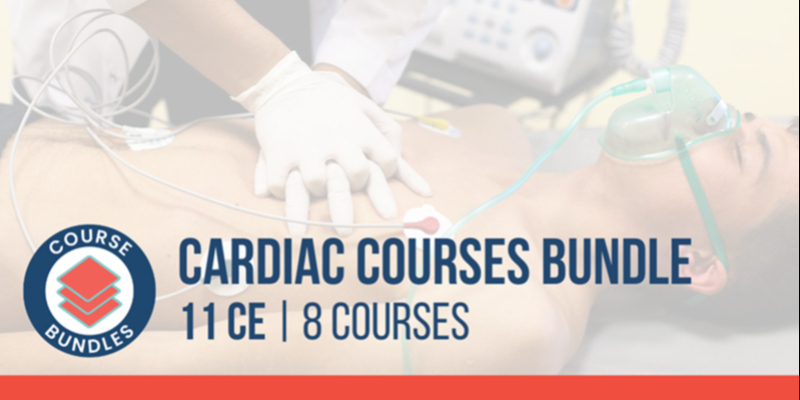 A patient receives cardiac care while wearing an oxygen mask. Text reads: "Cardiac Courses Bundle, 11 CE, 8 Courses." Course bundle logo is shown on the left.