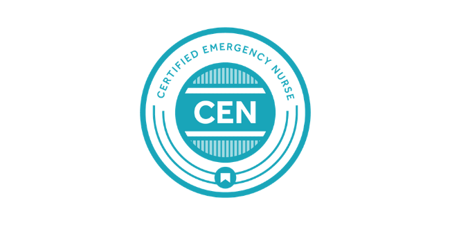A blue and white badge with the text "Certified Emergency Nurse" encircling "CEN" at the center.
