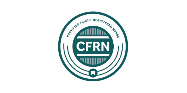 Circular logo with the text "Certified Flight Registered Nurse" around the initials "CFRN" in the center, featuring lines and a small ribbon shape at the bottom.