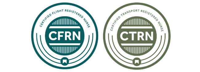 Two circular badges: one labeled "CFRN Certified Flight Registered Nurse" in teal, and one labeled "CTRN Certified Transport Registered Nurse" in olive green.