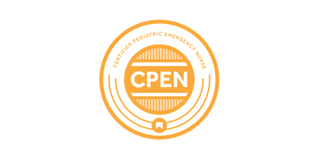 Gold circular badge featuring the text "Certified Pediatric Emergency Nurse" and "CPEN" in the center, surrounded by stylized lines and a small ribbon icon at the bottom.
