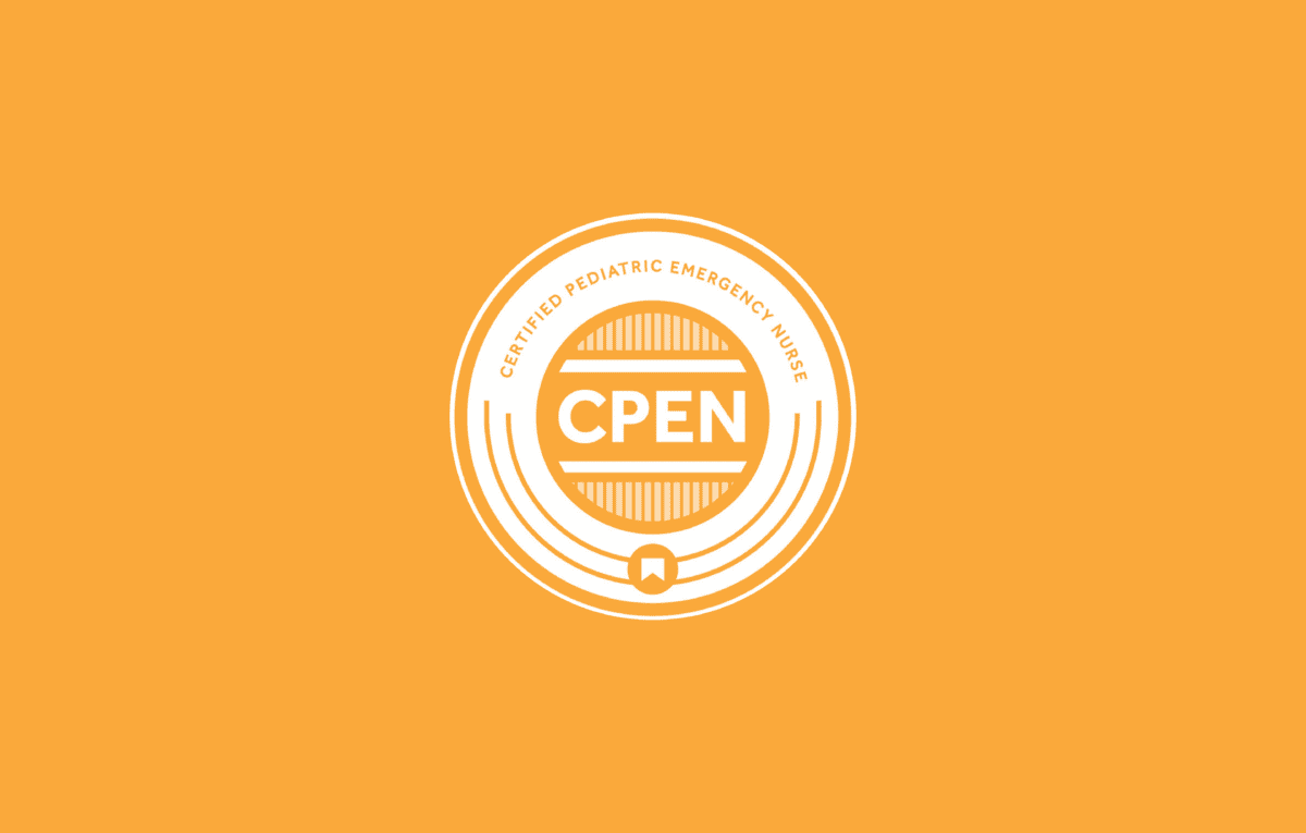 White "Certified Pediatric Emergency Nurse" CPEN certification badge on an orange background.