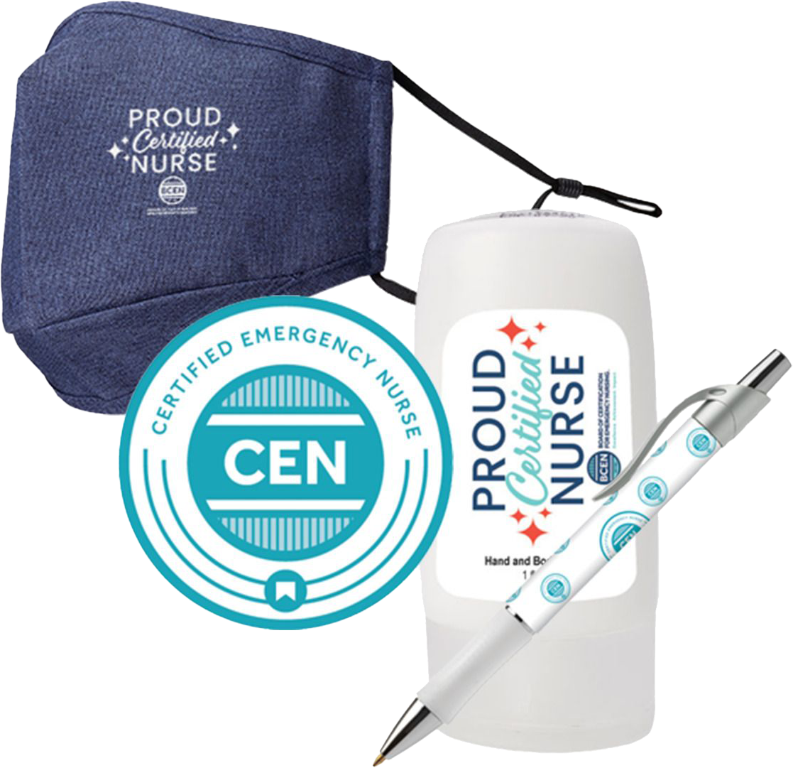 Certified Emergency Nurse items including a face mask, badge, hand sanitizer labeled "Proud Certified Nurse," and a pen with medical symbols are displayed together.