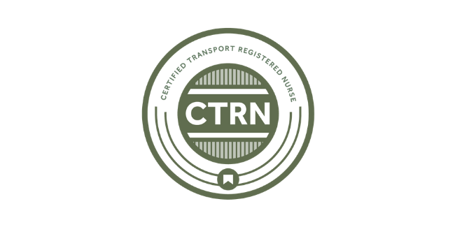 Green and white circular badge with the text “Certified Transport Registered Nurse” around the top and “CTRN” in bold letters in the center.