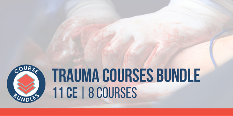 Gloved hands performing a medical procedure, with text reading "Trauma Courses Bundle, 11 CE, 8 Courses" beside a course bundle icon.
