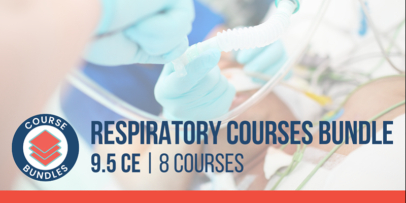 Gloved hands work on a breathing tube for a patient; overlay text reads "Respiratory Courses Bundle, 9.5 CE, 8 Courses" with a course bundles logo on the left.