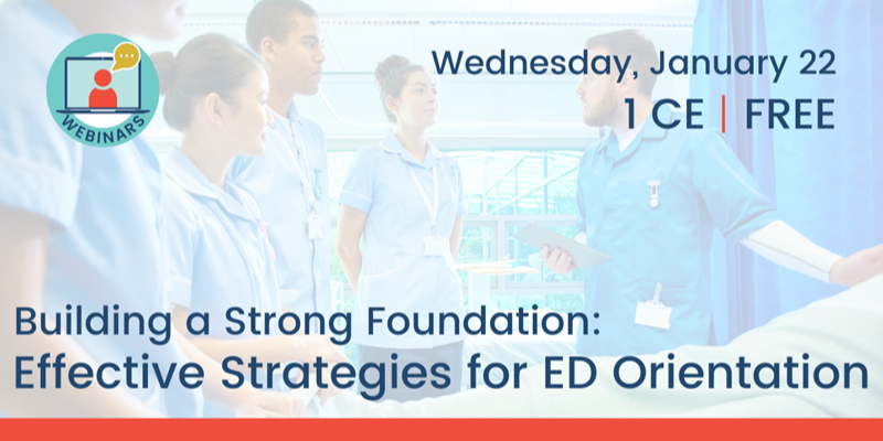 A group of healthcare professionals in scrubs stands together, with text promoting a free webinar on ED orientation strategies scheduled for Wednesday, January 22.