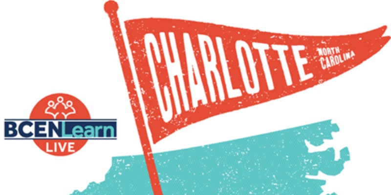 Red flag with “Charlotte” and “North Carolina” on a blue map outline, next to a circular BCEN Learn Live logo.