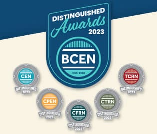 BCEN Distinguished Awards 2023 badge at the top, with five smaller badges below for CEN, CPEN, CFRN, CTRN, and TCRN distinguished award recipients.