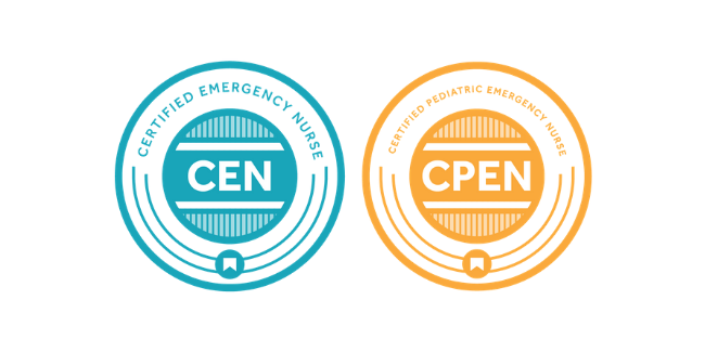 Two circular badges side by side; one blue labeled "Certified Emergency Nurse (CEN)" and one orange labeled "Certified Pediatric Emergency Nurse (CPEN).
