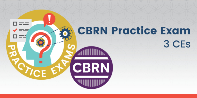 Graphic showing "CBRN Practice Exam 3 CEs" with icons of a checklist, gears, and a head with a question mark, and a "CBRN" badge.