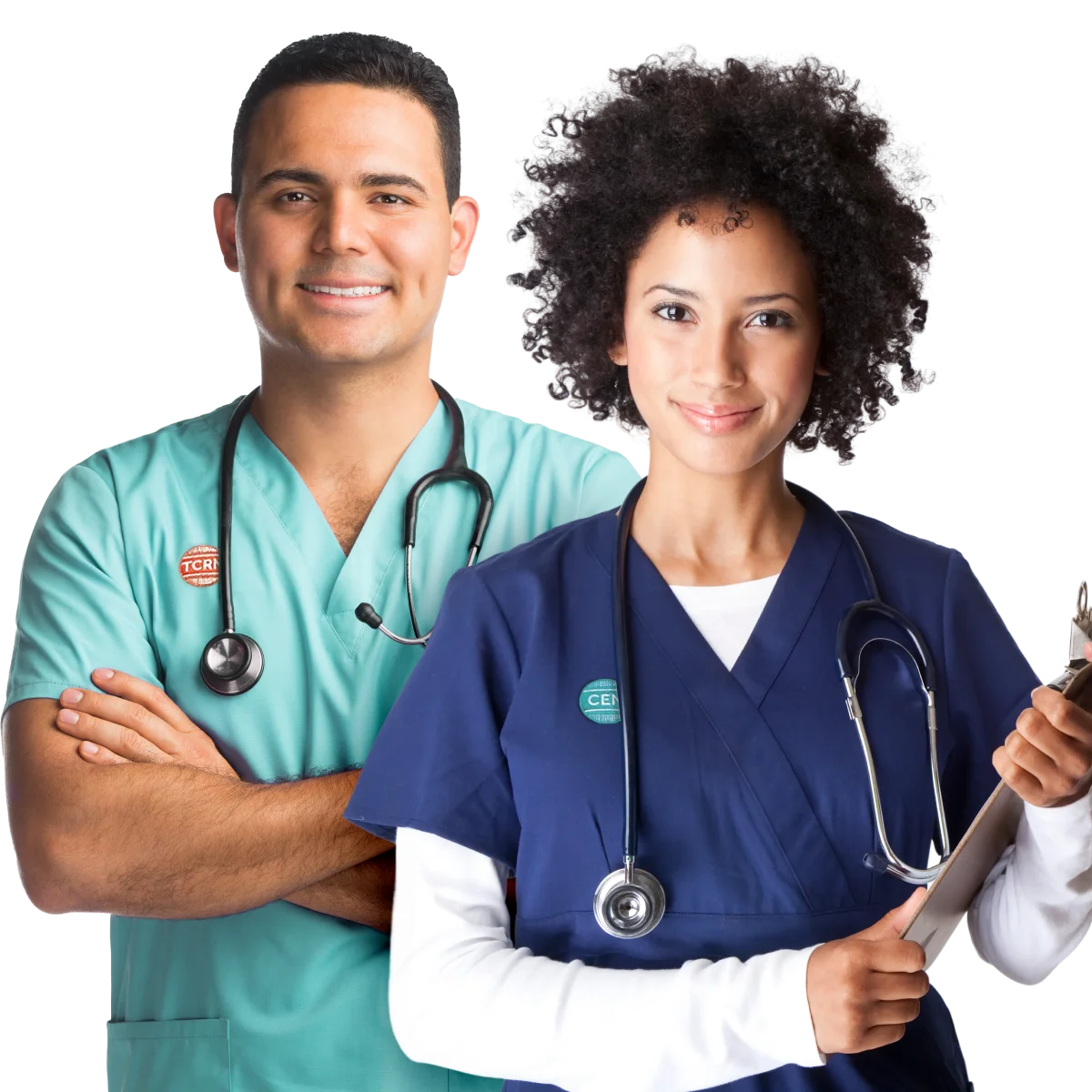 Two healthcare professionals, a man in green scrubs with a stethoscope and a woman in blue scrubs holding a clipboard, stand side by side, smiling at the camera.