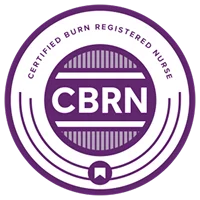 Purple and white circular badge with "Certified Burn Registered Nurse" and the abbreviation "CBRN" in the center.
