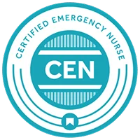 Blue and white badge with the words "Certified Emergency Nurse" and the acronym "CEN" in the center.