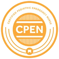 Circular orange and white CPEN badge with the text "Certified Pediatric Emergency Nurse" around the edge and a small book icon at the bottom.