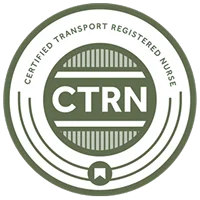 Circular badge with "Certified Transport Registered Nurse" and the acronym "CTRN" in the center, featuring green and white colors with a small ribbon symbol at the bottom.