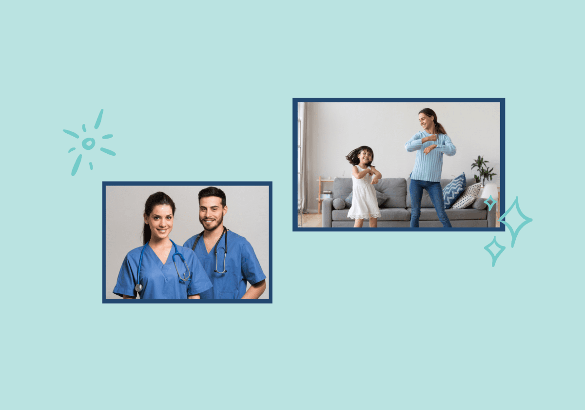 Two nurses in scrubs stand together, and a mother dances with her young daughter in a living room.