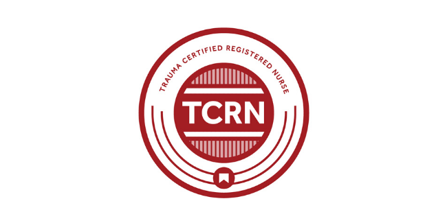Red and white circular badge with the text "Trauma Certified Registered Nurse TCRN" in the center.
