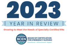 2023 Year in Review graphic for the Board of Certification for Emergency Nursing, highlighting specialty certified RNs.