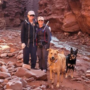 Two people stand on a rocky trail beside a narrow river in a canyon, accompanied by two dogs, one tan and one black.