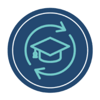 A blue icon of a graduation cap surrounded by two circular arrows, symbolizing continuous learning or education.