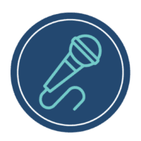 A minimalist icon of a microphone outlined in teal on a dark blue circular background.