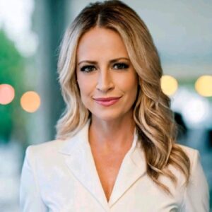 A woman with long blonde hair wearing a white blazer stands outdoors, looking at the camera with a neutral expression—capturing the confident presence of BCEN conference speakers. Blurred lights and greenery fill the background.