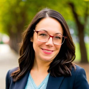 A woman with long dark hair and glasses, wearing a blue blazer and light blue top, stands outdoors with blurred green trees in the background.