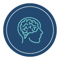 Blue circular icon with an outline of a human head in profile, showing a brain inside.