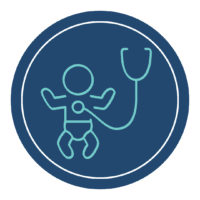 Line drawing of a baby connected to a stethoscope inside a blue circular border.